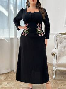 Modelyn Vestido de manga larga con cuello cuadrado, decoración de bordado de flores, para uso diario, para mujer talla grande. Vestidos largos para uso casual, de fiesta, boda o eventos de noche.
