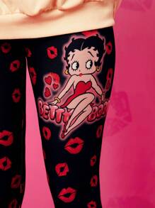 Betty Boop x SHEIN 女士休闲卡通人物及唇印高腰紧身裤
