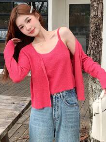 DAZY 2pcs Women's Sweater Set: Long Sleeve Cardigan Jacket And Delicate Spaghetti Strap Camisole,Fall Clothes - Hot Pink - View 1