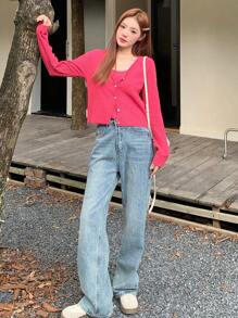 DAZY 2pcs Women's Sweater Set: Long Sleeve Cardigan Jacket And Delicate Spaghetti Strap Camisole,Fall Clothes - Hot Pink - View 2