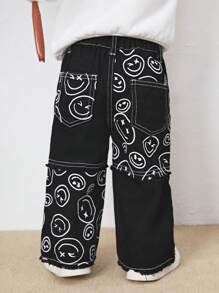SHEIN Baby Boy's Denim Cute Smiling Face Pattern Straight Legs Black Jeans,Versatile For Daily Outdoor Wear And Fall - Black - View 2