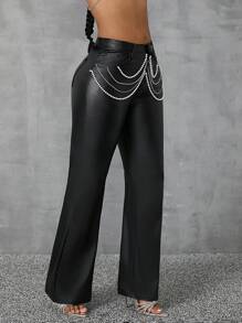 Pantalones casuales sencillos con decoración de cadena de unicolor para mujer