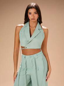 SHEIN BAE 浅绿色开心果套装背心 女士交叉露背细节无袖背心 - 綠色 - 查看 2