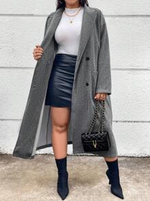 Calvaya Plus Size Autumn & Winter Casual Double Pocket Long Coat - Grey - View 4