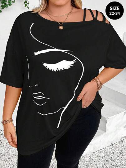 SHEIN CURVE+ Plus Size Women's Summer Asymmetric Neck Loose Fit T-Shirt With Abstract Face Print Design And Drop Shoulder Sleeve Graphic Tees Women Tops