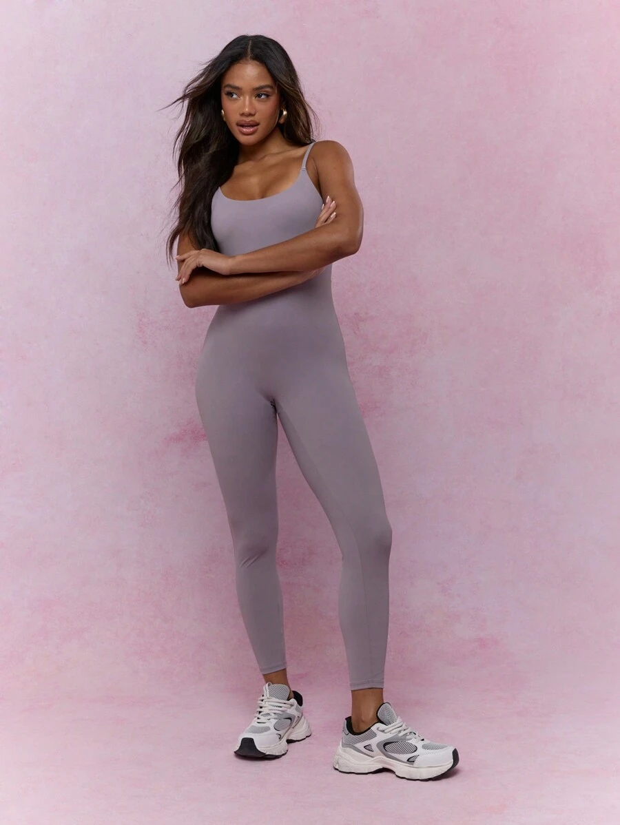 MISSGUIDED Jersey Scoop Back Cami Fitted Sports Unitard - Dusty Purple - View 1