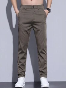 Men's Casual Solid Color Tapered Pants With Detailed Pockets - Coffee Brown - View 4