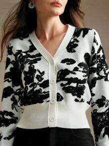 Anewsta Áo len dệt kim ngắn Jacquard - Xám - Xem 3