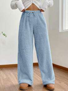 Muchica Women's Solid Color High Waist Drawstring Fluffy Wide Leg Loose Pants - Blue - View 1
