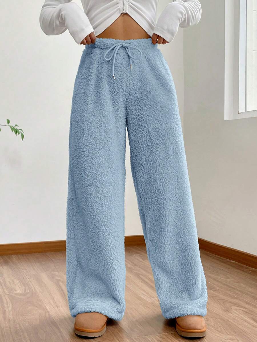 Muchica Women's Solid Color High Waist Drawstring Fluffy Wide Leg Loose Pants - Blue - View 1