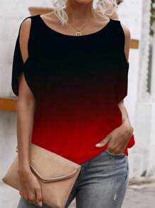 SHEIN LUNE Ombre Print Hollow Out Round Neck T-Shirt For Women - Multicolor - View 6