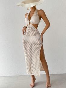 SHEIN Swim Solid Color Ring Decor Halter Backless Split Hem Sleeveless Dress Summer - Apricot - View 4