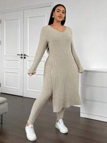 Flirla Bộ 2 món áo dài tay đơn giản màu trơn cỡ lớn cho nữ và quần dài, mặc vào mùa đông - Màu be - Xem 6