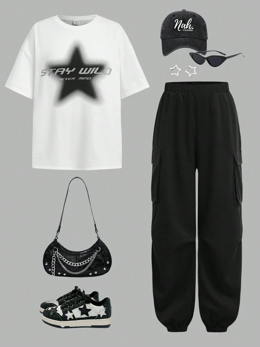 SHEIN Girlism 少女超大黑白星星印花 T 恤和工装口袋裤套装 - 黑與白 - 查看 1