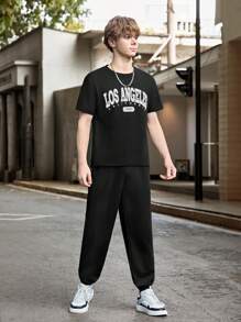 SHEIN 2 件青少年男孩休闲套装，纯色长袖衬衫，字母印花短袖 T 恤和裤子，春夏 - 彩色 - 查看 5