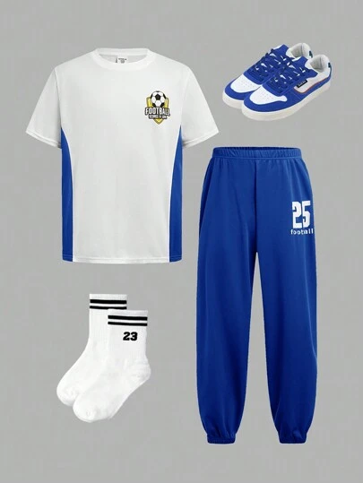 SHEIN Leap Crew Tween Boy Outdoor Sports Occasion Pattern Contrast Color Round Neck Short Sleeve T-Shirt Shorts Sportswear Two-Piece Set