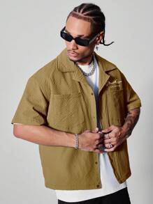 PAVTROS Manfinity Streetrush Men's Solid Color Button-Front Short Sleeve Casual Shirt - Khaki - View 5