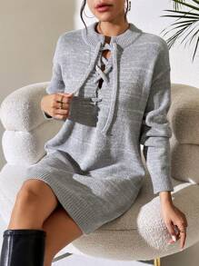 Chiquease 混纺女士秋冬纯色领口系带落肩长袖休闲毛衣连衣裙 - 灰色 - 查看 5