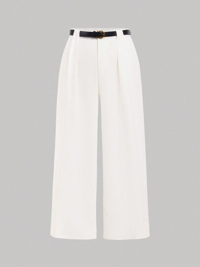SHEIN MOD Plus Size White Vintage Loose Straight Leg Pants With Belt