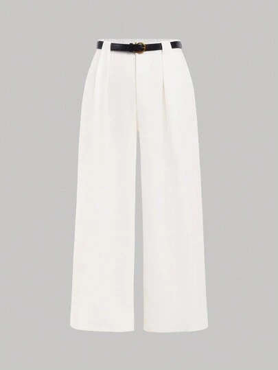 SHEIN MOD Plus Size White Vintage Loose Straight Leg Pants With Belt