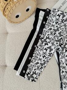 SHEIN LMoss Kids LMoss 4 件套女婴可爱卡通印花紧身弹力腰休闲裤套装 - 黑與白 - 查看 4