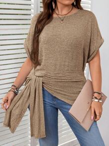 SHEIN LUNE 大码纯色圆领不对称下摆打结短袖 T 恤 - 卡其色 - 查看 5