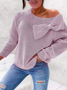 SHEIN LUNE Women's Round Neck Long Sleeve Bow Decor Knit Sweater, Knit Pullover Fall Winter - Baby Pink - View 1