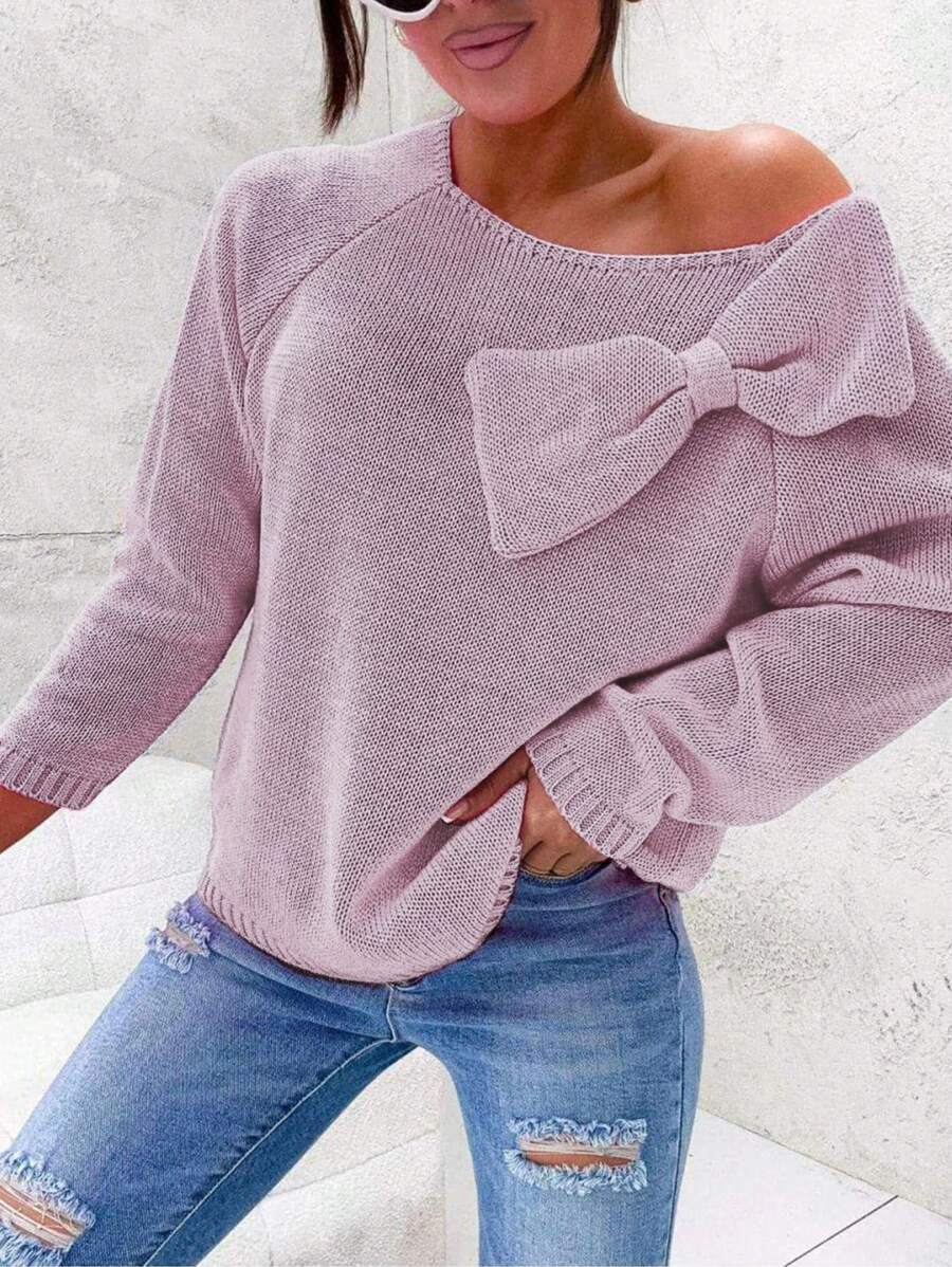 SHEIN LUNE Women's Round Neck Long Sleeve Bow Decor Knit Sweater, Knit Pullover Fall Winter - Baby Pink - View 1