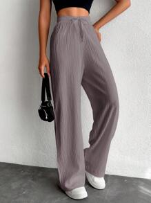 EURMUSE Petite Women's Solid Color Long Waist Drawstring Pants - Dusty Purple - View 5