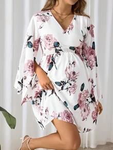 SHEIN Maternity Flower Print V-Neck Poncho Sleeve Simple Everyday Dress