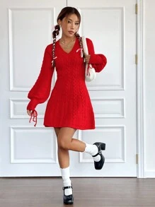 SHEIN EZwear Women's Solid Color Minimalist V-Neck Long Sleeve Sweater Dress - Red - View 6