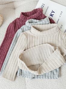 SHEIN 3 stks/set babymeisjes effen kleur gebreid shirt met hoge kraag en lange mouwen