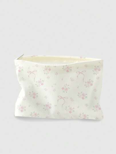 Kawaii Butterfly & Flower Pattern Double-Sided Printed Corduroy Cosmetic Bag With Bowknot