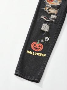 SHEIN Tween Boy 时尚街头百搭破洞南瓜印花牛仔裤，适合万圣节派对 - 黑色 - 查看 7