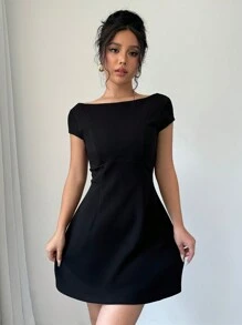 Rafferiza Women's Elegant & Sophisticated U-Neck Backless Fitted Dress, Black