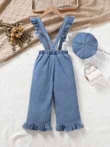Bộ quần yếm denim nơ thường ngày + mũ dành cho các cô gái trẻ - Rửa nhẹ - Xem 4
