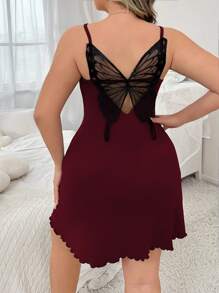 SHEIN 大码女式露背蝴蝶刺绣睡袍 - 酒紅色 - 查看 2