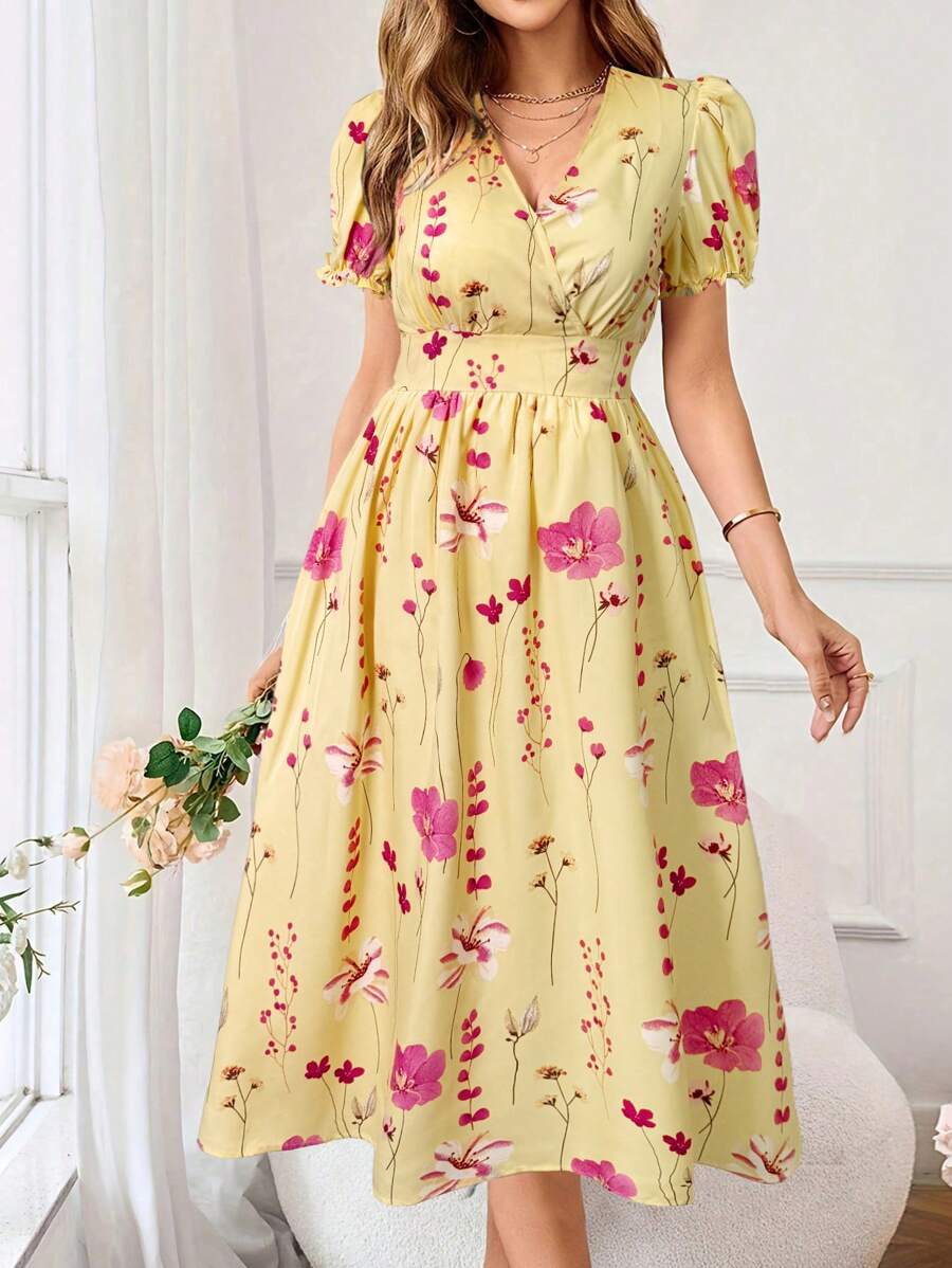 SHEIN Clasi Robe maxi d'été décontractée à manches bouffantes et imprimé floral pour femmes