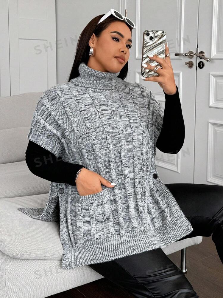 SHEIN EZwear Pull col roule tricote torsade casual de grande taille couleur chine Mode en ligne SHEIN FRANCE