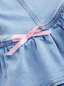 SHEIN MOD 女士夏季牛仔短裙，蝴蝶結裝飾和荷葉邊設計 - 淺色水洗藍 - 查看 4