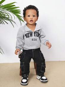 SHEIN Baby Boy Cool Multiple Pockets And Contrast Stitching Denim Black Jeans,Versatile For Outdoor Wear - Black - View 4