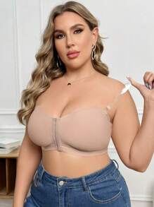 SHEIN Plus Size Wire-Free Front-Closure Bandeau Strapless Bra - Apricot - View 6