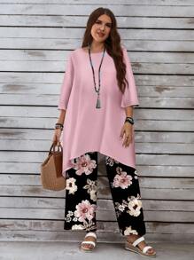 EMERY ROSE 2pcs Set Casual Plus Size Pink Floral Print 3/4 Sleeve Top And Pants, For Summer,Holiday Outfits