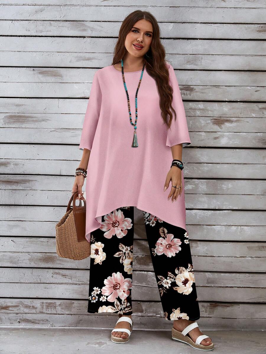 EMERY ROSE 2pcs Set Casual Plus Size Pink Floral Print 3/4 Sleeve Top And Pants, For Summer,Holiday Outfits