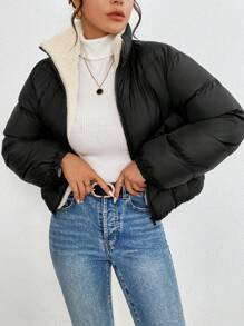 SHEIN معطف مبطن بياقة عالية مريح وعصري للفتيات المراهقات، بطول محصور وقصير، سهل الارتداء، مزود بسحاب، بتصميم بسيط وكاجوال للاستخدام اليومي، مُسمك للشتاء - الأسود - مشاهدة 10