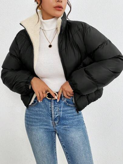 SHEIN Frenchy Women Zipper Long Sleeve Fashionable Winter Cold-Proof Jacket Black Casual