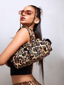 SHEIN X Lucía Bellido SHEIN ICON Women's Fashion New Sweet & Cool Y2K Heart Decor Vintage Motorcycle Tote Bag, Suitable For Girls, Street, Y2k, Retro Style, Top Handle, Shoulder Bag, Leopard Print, Animal Print, Heart, Biker Style, Bag For School, Teenagers