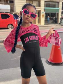 SHEIN Tuta senza maniche a righe a maglia per ragazze giovani, con tasche, stampa con lettere solide e top corti cavi, set di 2 pezzi
