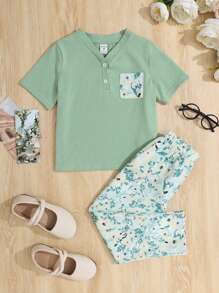 SHEIN 2pcs/Set Loose Casual Comfy Round Neck Homewear Set For Young Girls - Green - View 1