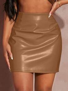 RueChic Solid Bodycon Skirt - Brown - View 5